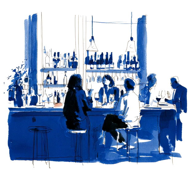 A cobalt ink illustration of people gathered at a wine bar.