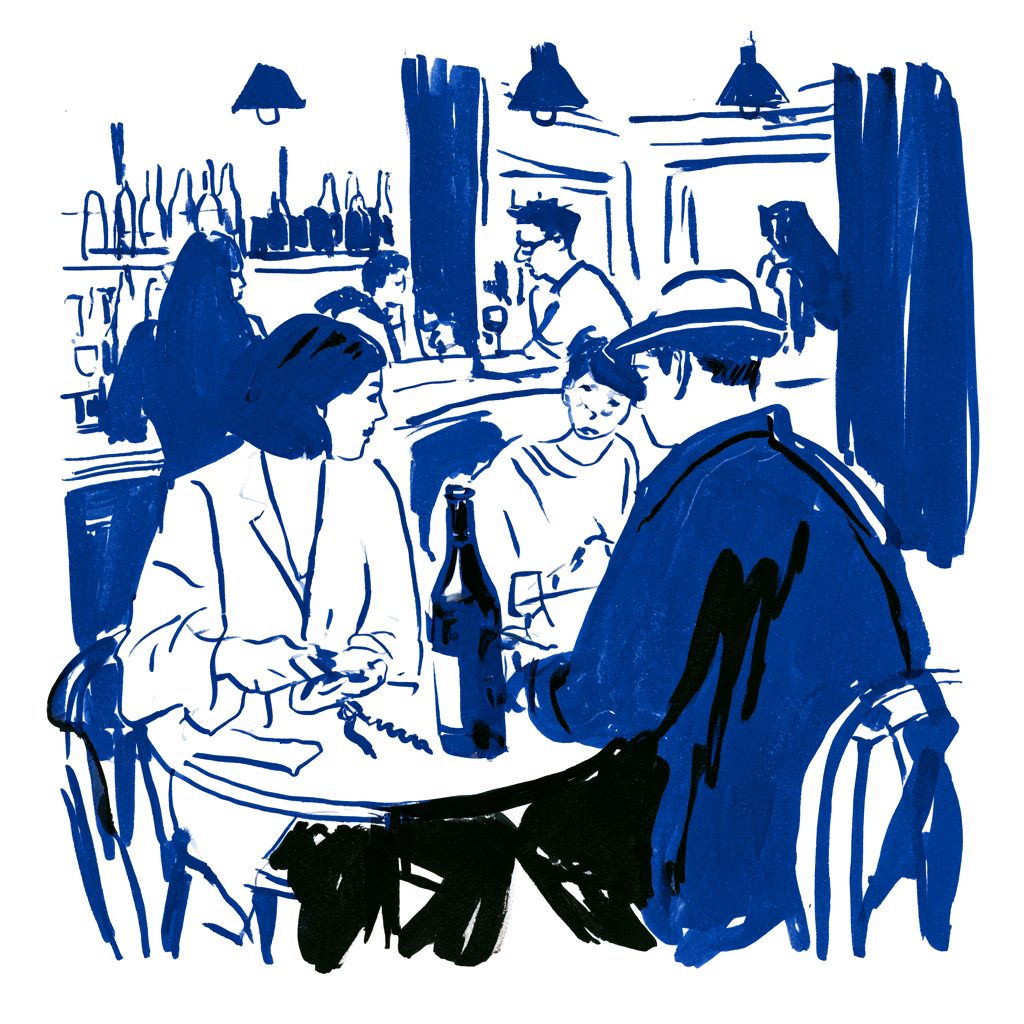 People in conversation around a bistro table, in cobalt ink.