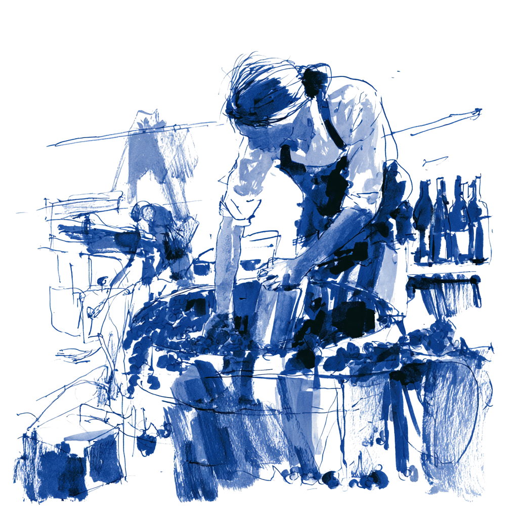 A cellar worker at a vat, rendered in gestural blue ink.