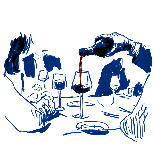 Wine being poured at a table, in a cobalt ink illustration.