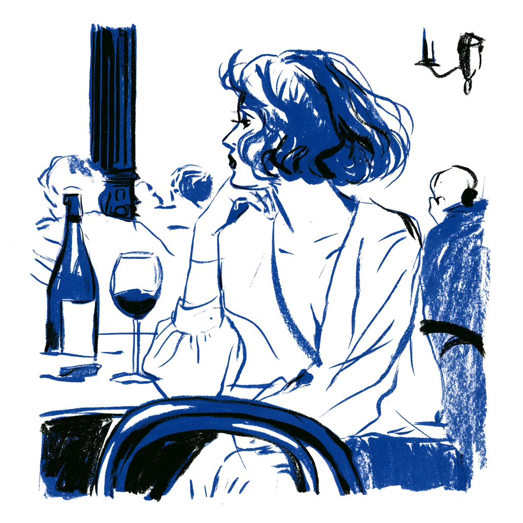 A woman seated at a bistro table with a bottle and wine glass, drawn in cobalt ink.